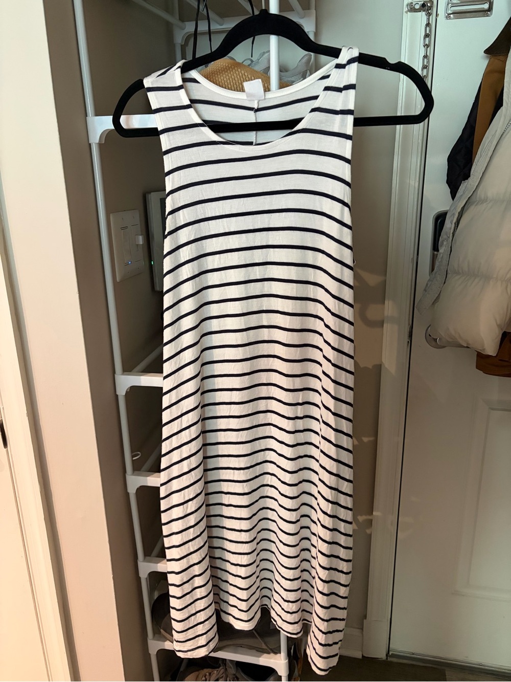 Sleeveless White and Black Striped Midi Dress